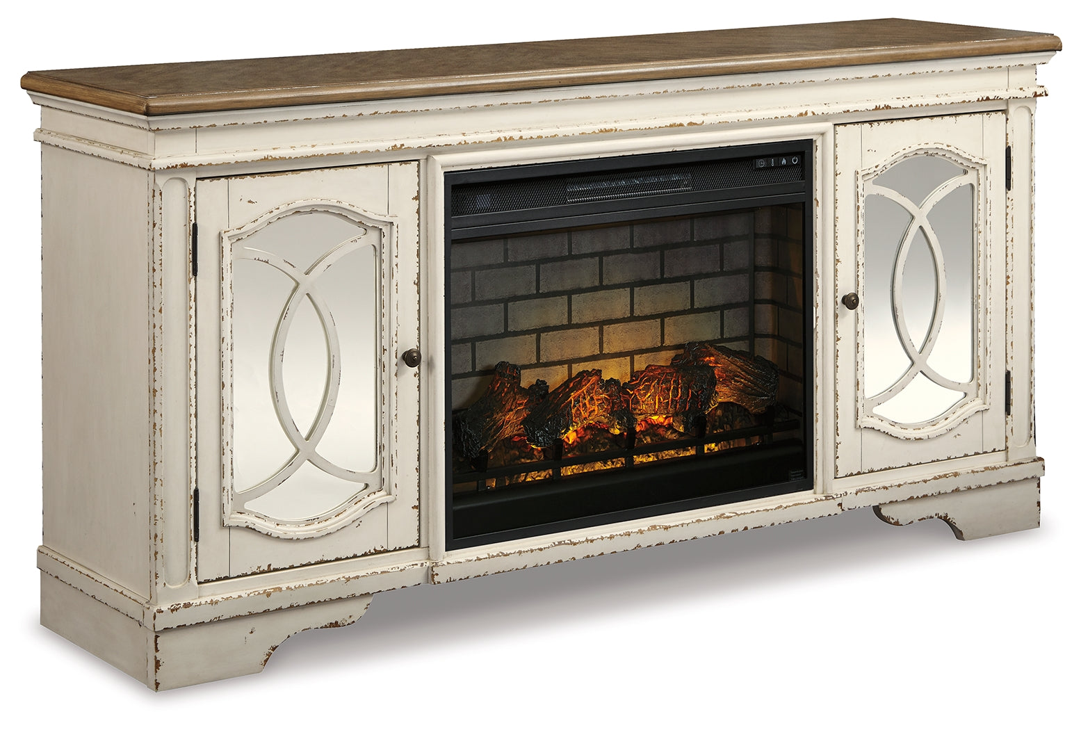 Realyn Chipped White 74" TV Stand with Electric Fireplace - Ornate Home