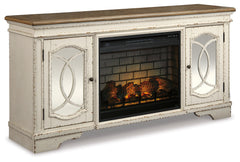 Realyn Chipped White 74" TV Stand with Electric Fireplace - Ornate Home