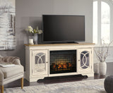Realyn Chipped White 74" TV Stand with Electric Fireplace - Ornate Home