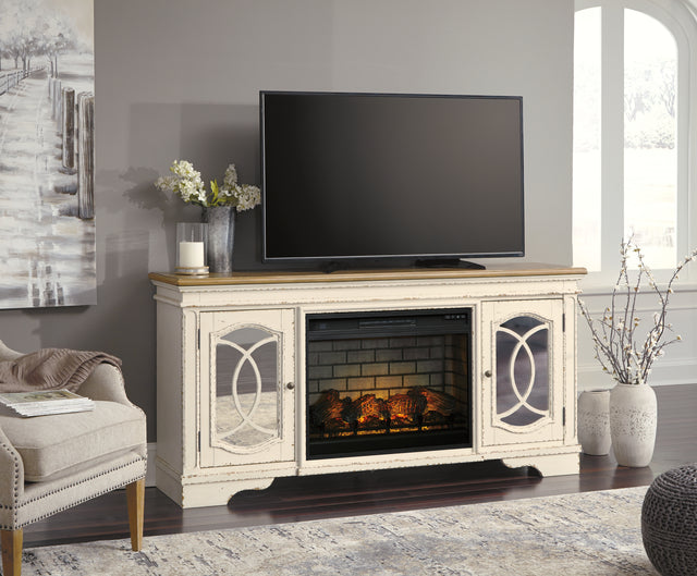 Realyn Chipped White 74" TV Stand with Electric Fireplace - Ornate Home