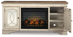 Realyn Chipped White 74" TV Stand with Electric Fireplace - Ornate Home