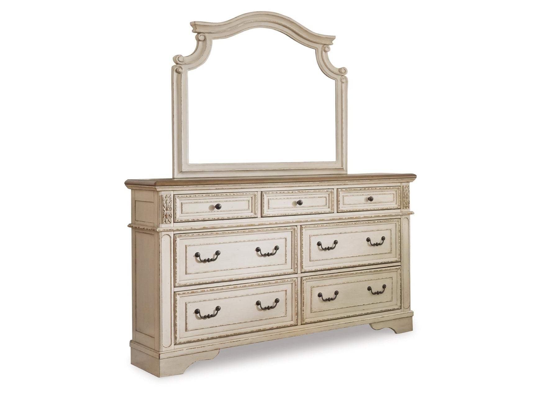 Realyn Chipped White California King Upholstered Bedroom Set with Dresser, Mirror and Chest (Online Special Price) - Ornate Home