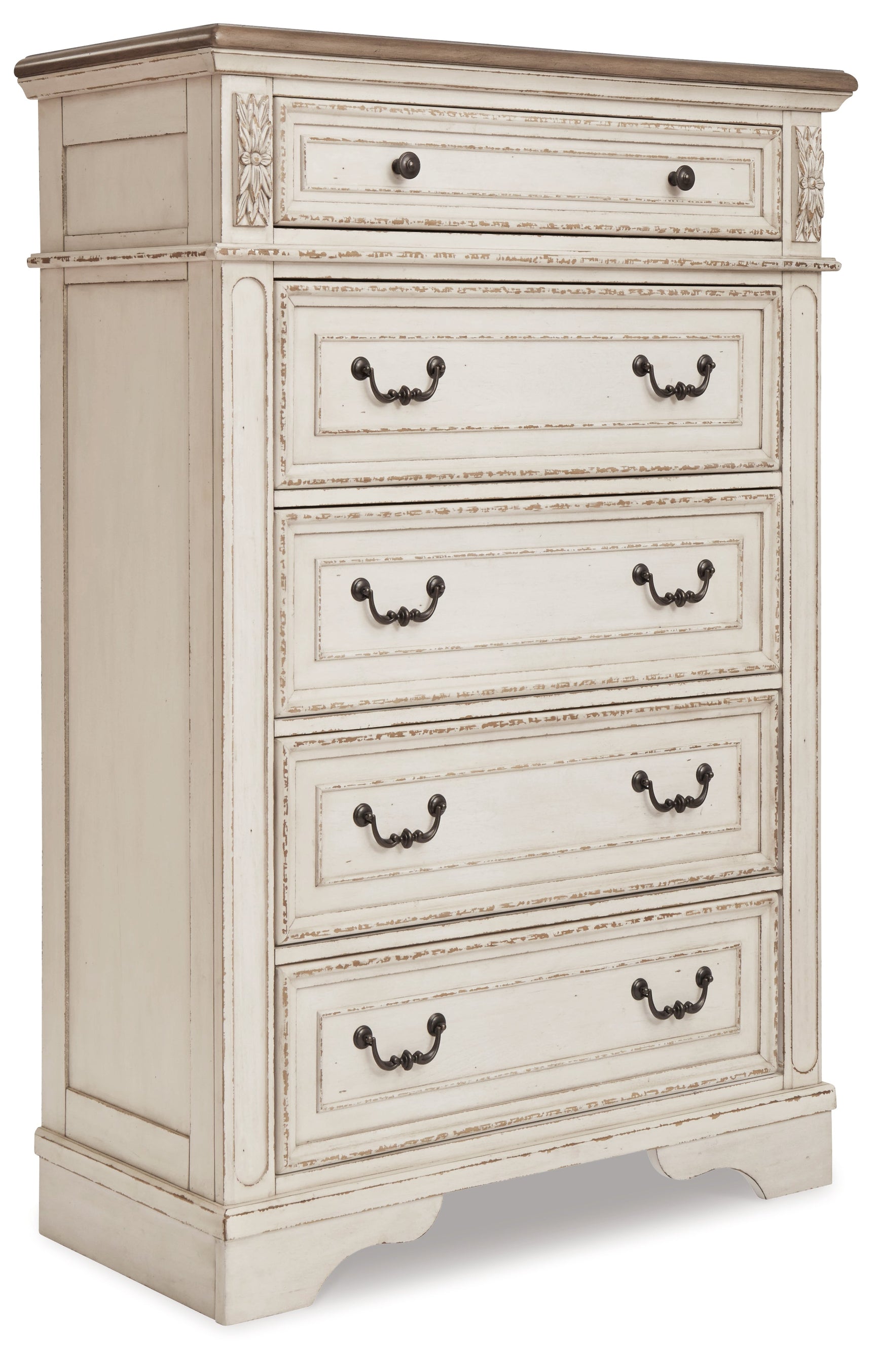 Realyn Chipped White California King Upholstered Bedroom Set with Dresser, Mirror and Chest (Online Special Price) - Ornate Home