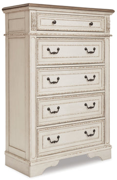 Realyn Chipped White California King Upholstered Youth Bedroom Set with Dresser, Mirror and Chest - Ornate Home