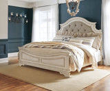 Realyn Chipped White King Panel Upholstered Bedroom Set with Dresser, Mirror and Chest (Online Special Price) - Ornate Home