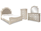 Realyn Chipped White King Panel Upholstered Bedroom Set with Dresser, Mirror and Chest - Ornate Home