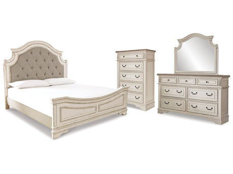 Realyn Chipped White King Panel Upholstered Bedroom Set with Dresser, Mirror and Chest - Ornate Home