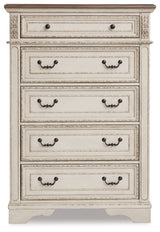 Realyn Chipped White King Panel Upholstered Bedroom Set with Dresser, Mirror and Chest - Ornate Home
