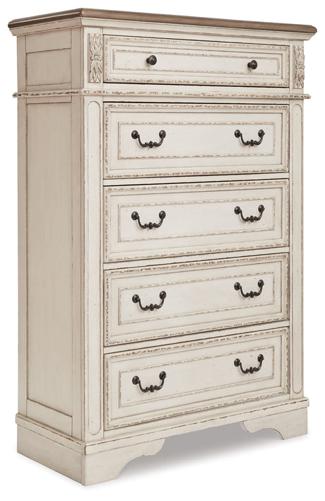 Realyn Chipped White King Panel Upholstered Bedroom Set with Dresser, Mirror and Chest - Ornate Home