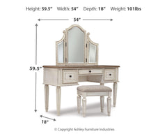 Realyn Chipped White King Storage Bed, Dresser, Mirror, Chest, Vanity with Stool and 2 Nightstands - Ornate Home