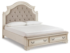 Realyn Chipped White King Storage Bed, Dresser, Mirror, Chest, Vanity with Stool and 2 Nightstands - Ornate Home