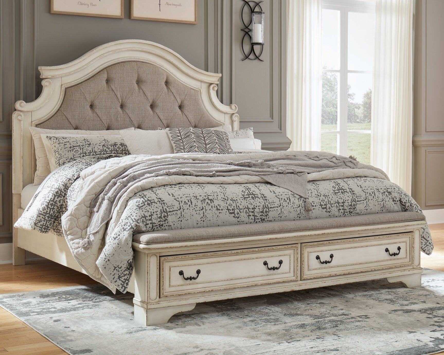 Realyn Chipped White King Upholstered Bedroom Set with Dresser and Mirror (Online Special Price) - Ornate Home