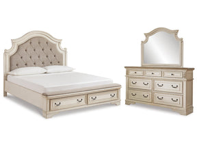 Realyn Chipped White King Upholstered Bedroom Set with Dresser and Mirror - Ornate Home
