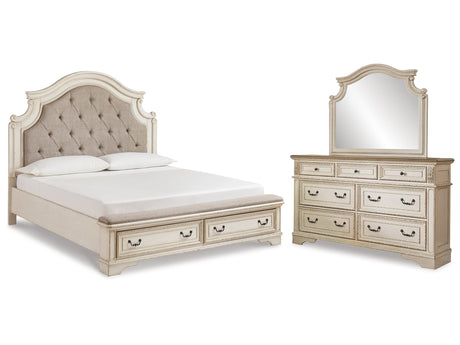Realyn Chipped White King Upholstered Bedroom Set with Dresser and Mirror - Ornate Home