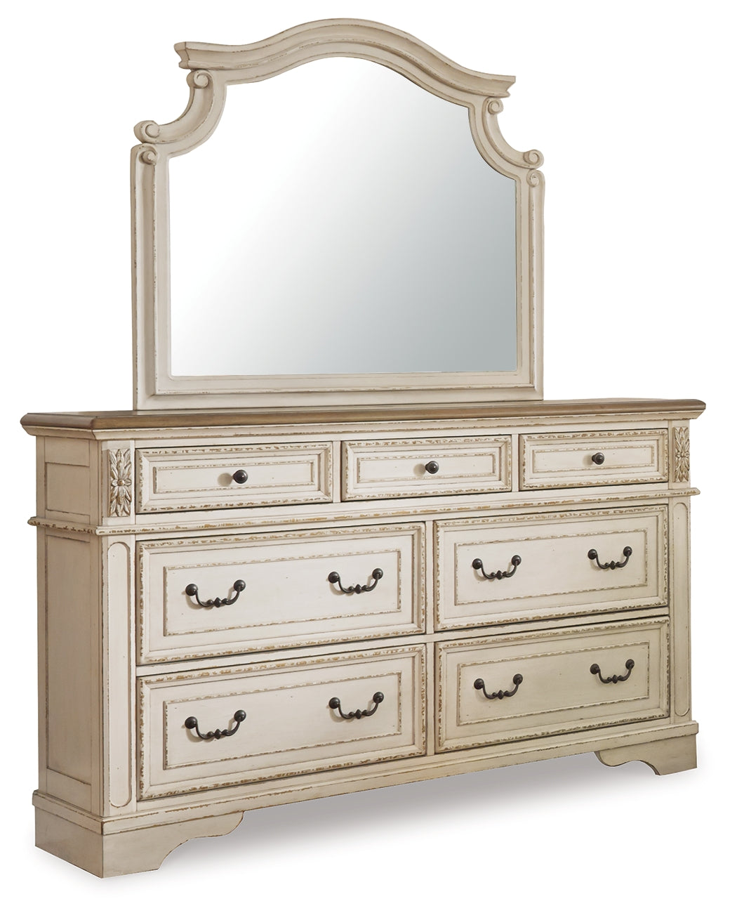 Realyn Chipped White King Upholstered Bedroom Set with Dresser and Mirror - Ornate Home