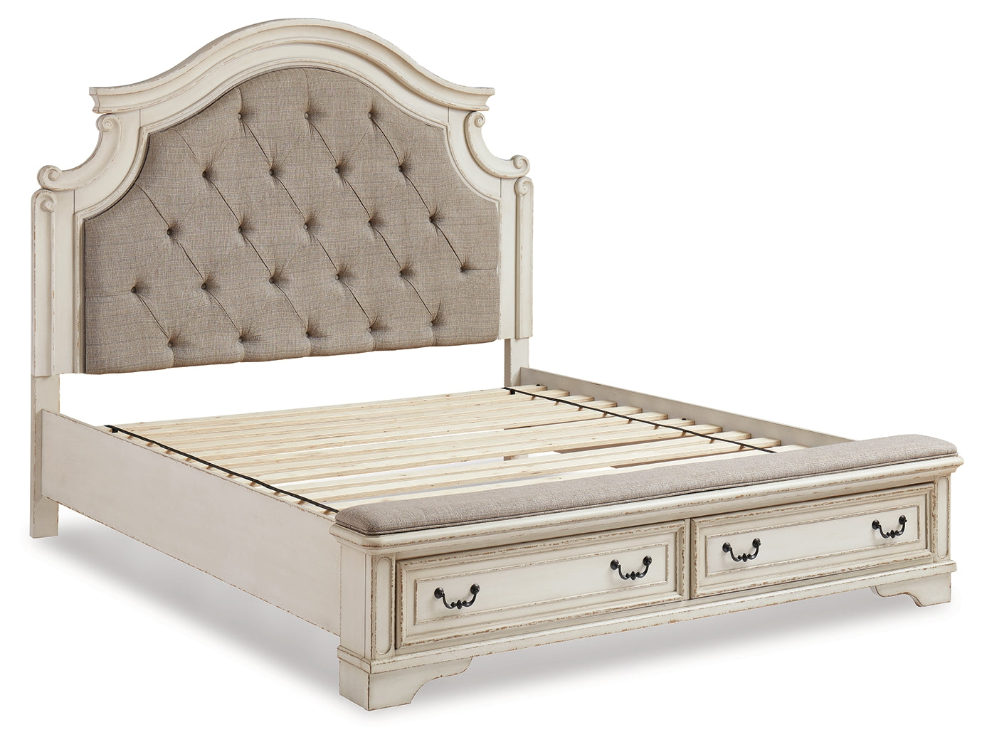 Realyn Chipped White King Upholstered Bedroom Set with Dresser and Mirror - Ornate Home
