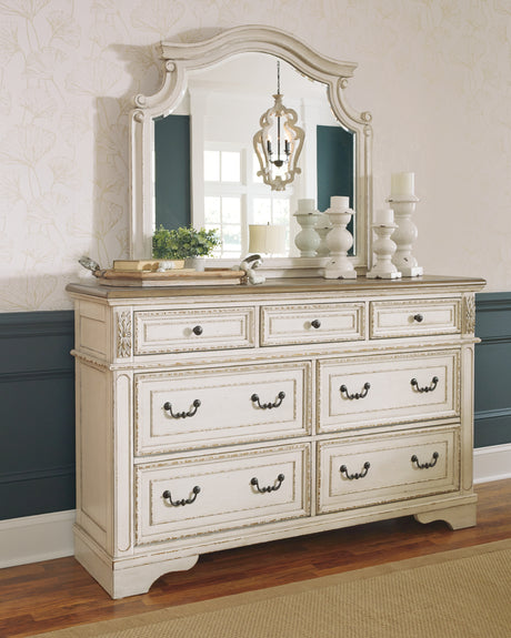 Realyn Chipped White King Upholstered Bedroom Set with Dresser and Mirror - Ornate Home