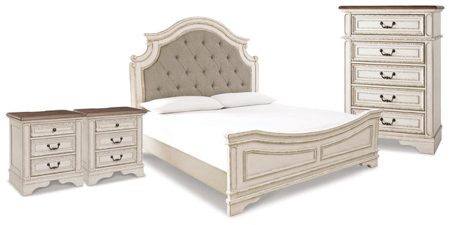 Realyn Chipped White King Upholstered Panel Bed, Chest and 2 Nightstands (Online Special Price) - Ornate Home