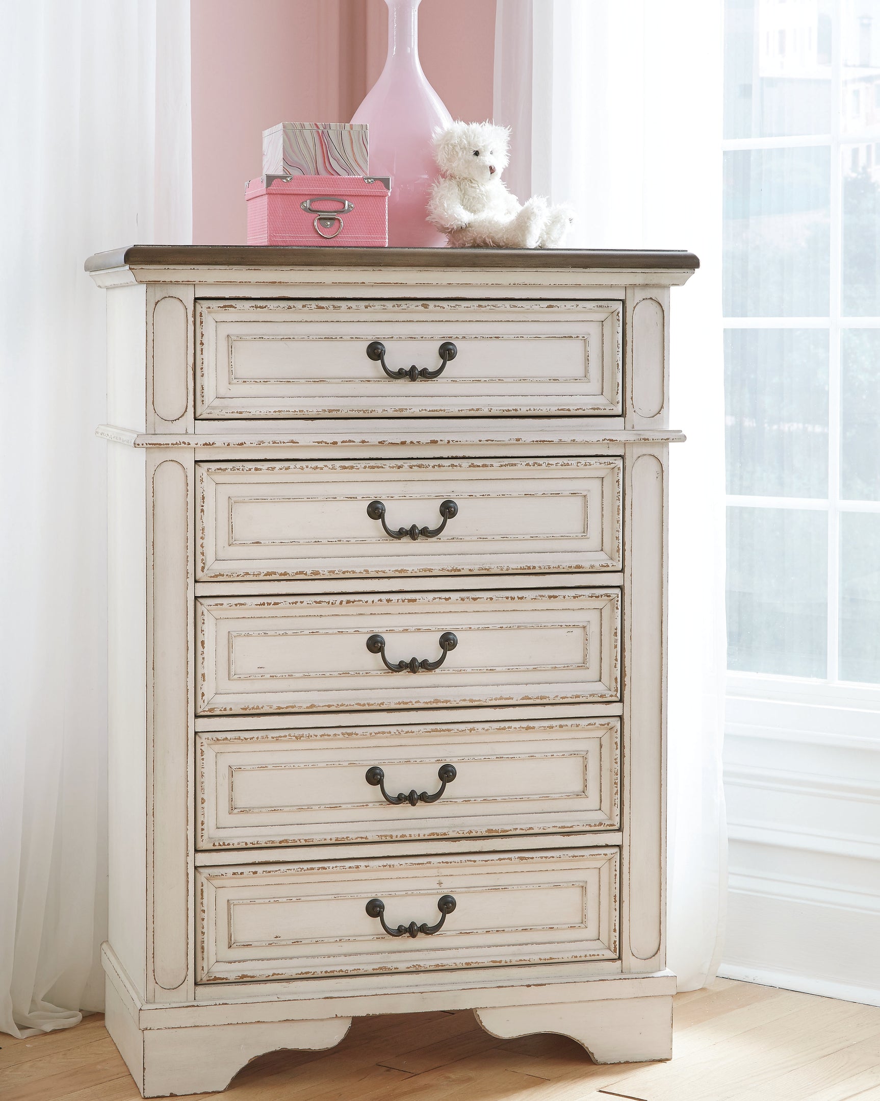 Realyn Chipped White King Upholstered Panel Bed, Chest and 2 Nightstands (Online Special Price) - Ornate Home