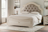 Realyn Chipped White King Upholstered Panel Bed, Chest and 2 Nightstands (Online Special Price) - Ornate Home