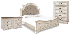 Realyn Chipped White King Upholstered Panel Bed, Chest and 2 Nightstands - Ornate Home