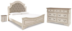 Realyn Chipped White King Upholstered Panel Bed, Dresser and Nightstand - Ornate Home