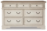 Realyn Chipped White King Upholstered Panel Bed, Dresser and Nightstand - Ornate Home
