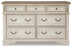 Realyn Chipped White King Upholstered Panel Bed, Dresser and Nightstand - Ornate Home