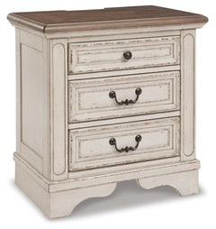 Realyn Chipped White King Upholstered Panel Bed, Dresser and Nightstand - Ornate Home