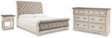 Realyn Chipped White King Upholstered Sleigh Bed, Dresser and Nightstand - Ornate Home