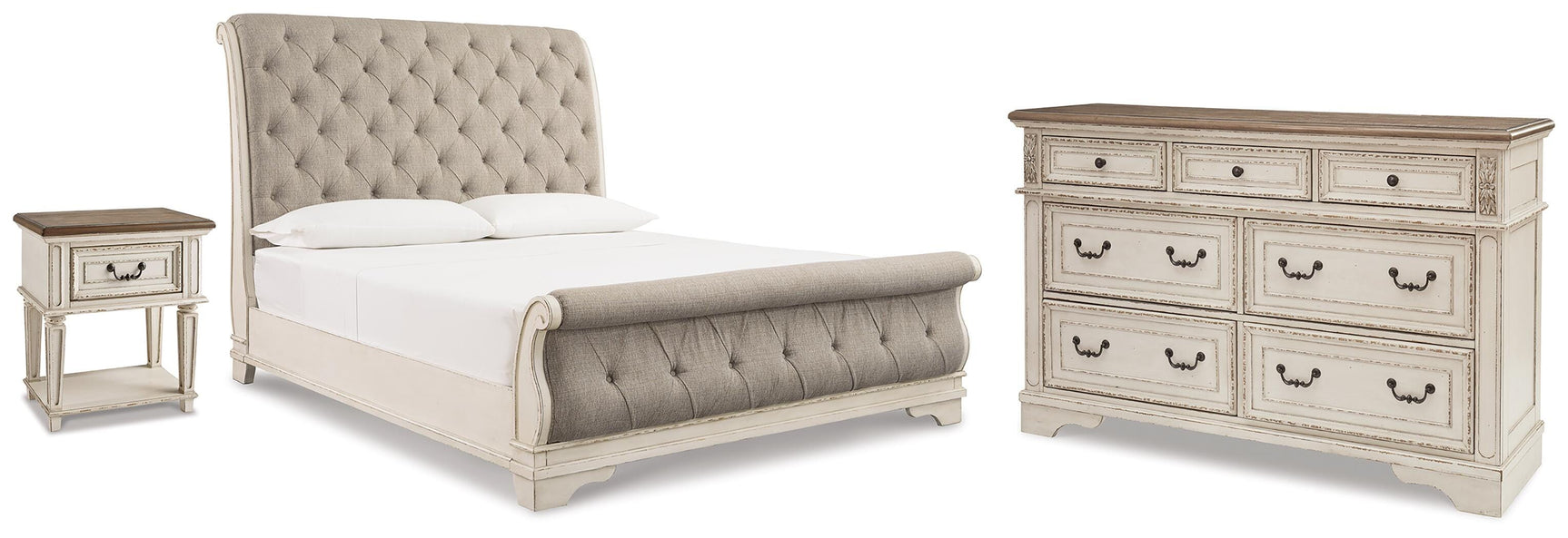 Realyn Chipped White King Upholstered Sleigh Bed, Dresser and Nightstand - Ornate Home