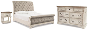 Realyn Chipped White King Upholstered Sleigh Bed, Dresser and Nightstand - Ornate Home