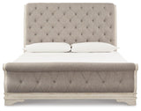 Realyn Chipped White King Upholstered Sleigh Bed, Dresser and Nightstand - Ornate Home