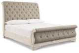 Realyn Chipped White King Upholstered Sleigh Bed, Dresser and Nightstand - Ornate Home
