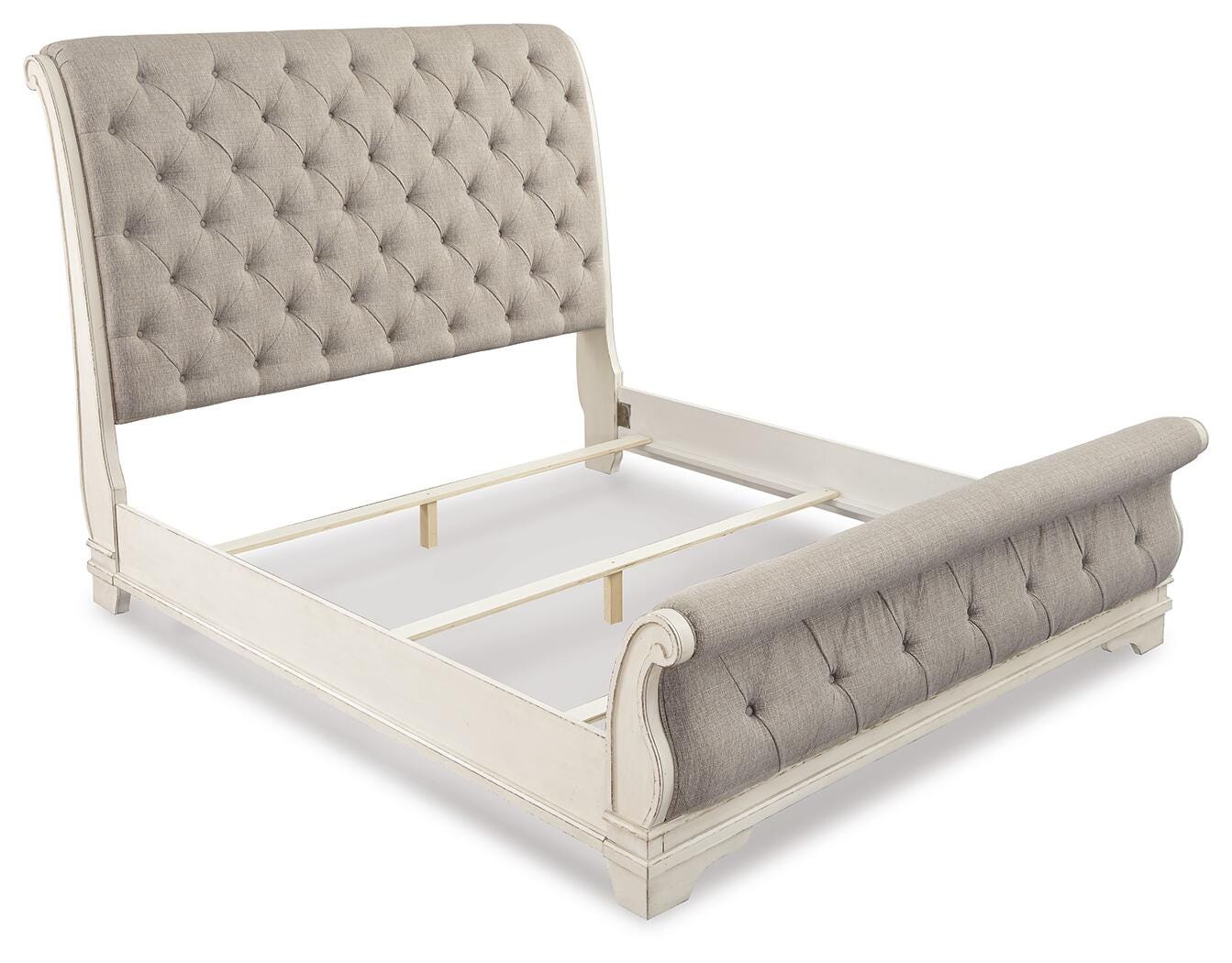 Realyn Chipped White King Upholstered Sleigh Bed, Dresser and Nightstand - Ornate Home