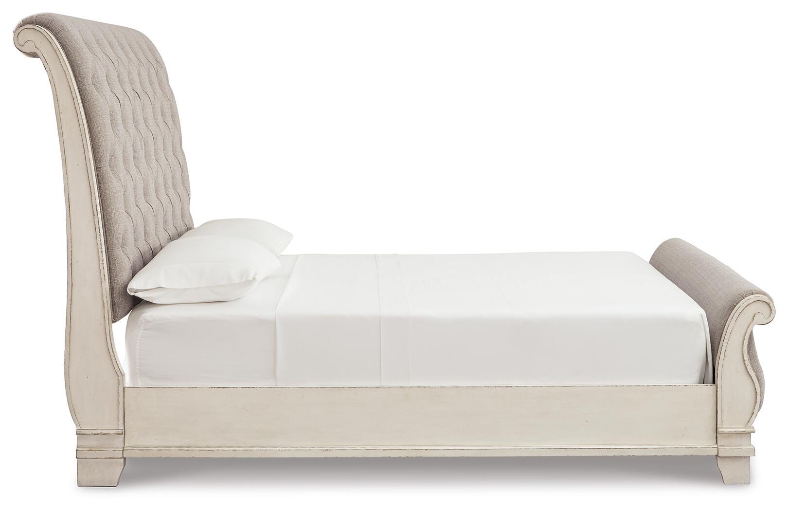 Realyn Chipped White King Upholstered Sleigh Bed, Dresser and Nightstand - Ornate Home