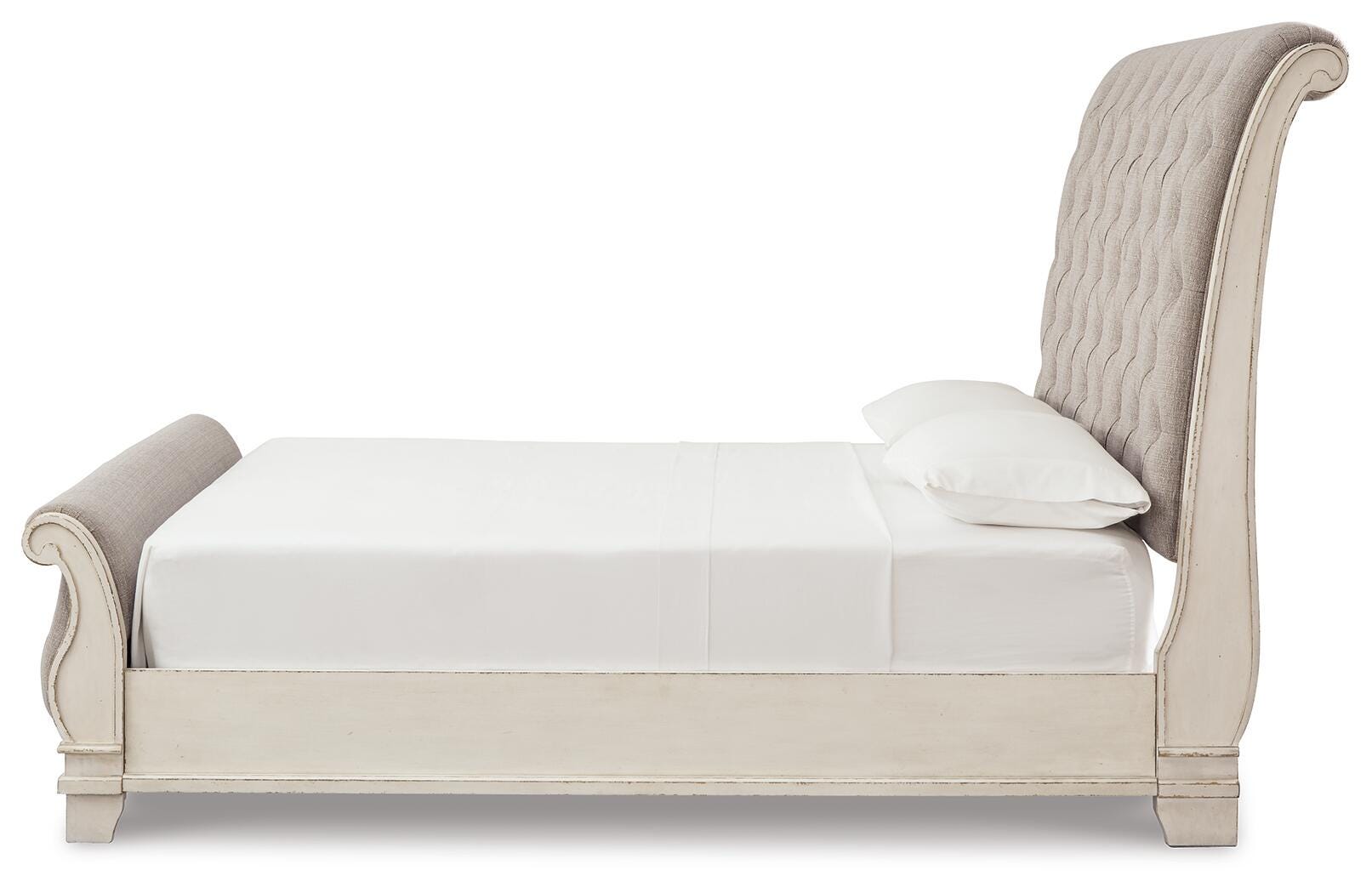 Realyn Chipped White King Upholstered Sleigh Bed, Dresser and Nightstand - Ornate Home