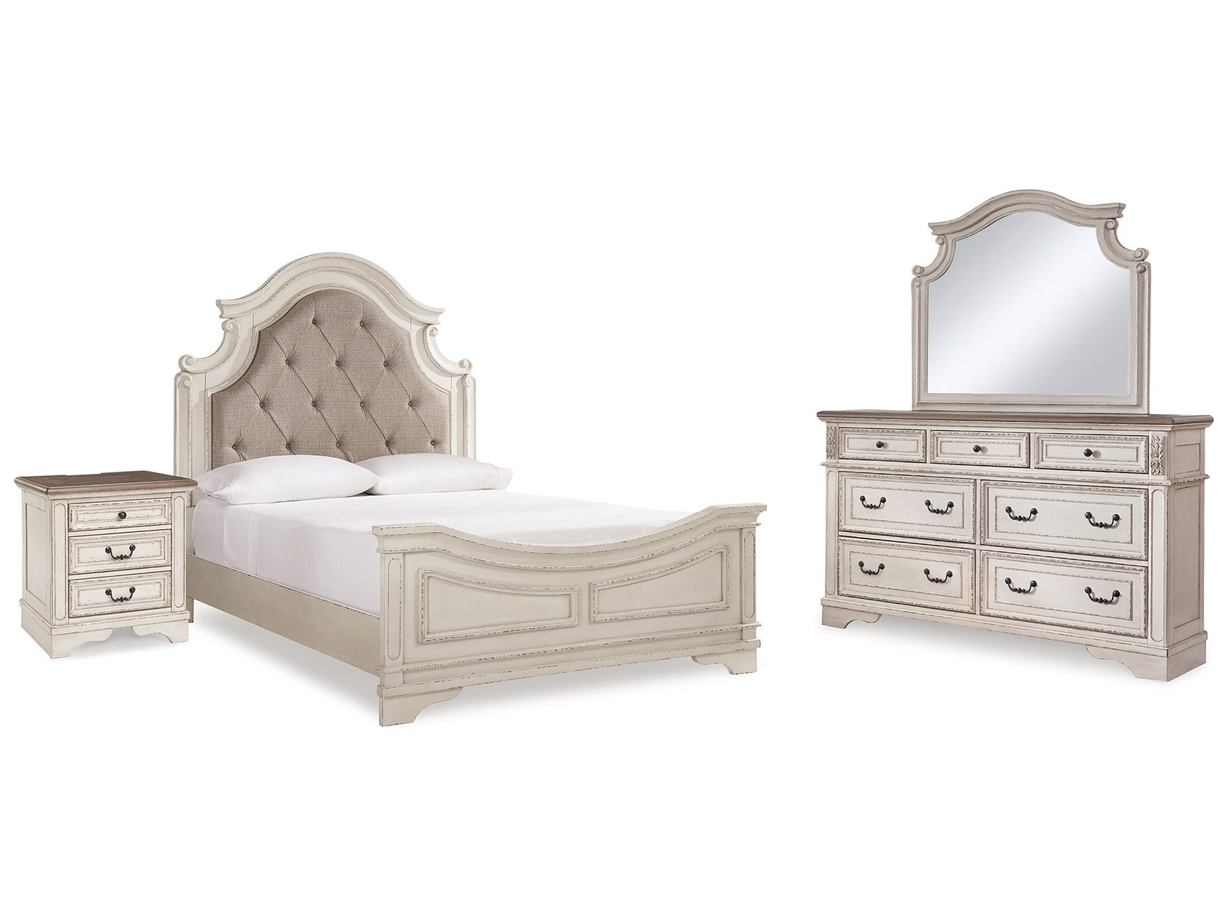 Realyn Chipped White Queen Bedroom Set with Mirrored Dresser and Nightstand - Ornate Home