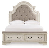 Realyn Chipped White Queen Upholstered Panel Bed, Dresser, Mirror and Chest - Ornate Home
