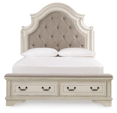 Realyn Chipped White Queen Upholstered Panel Bed, Dresser, Mirror and Chest - Ornate Home