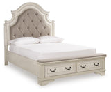 Realyn Chipped White Queen Upholstered Panel Bed, Dresser, Mirror and Chest - Ornate Home