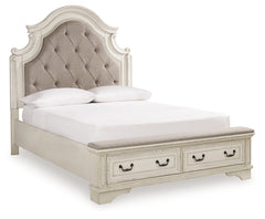 Realyn Chipped White Queen Upholstered Storage Bed, Dresser, Chest and Nightstand - Ornate Home
