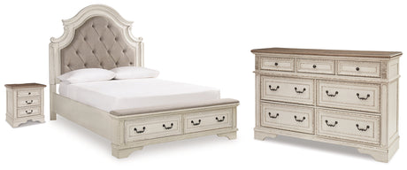 Realyn Chipped White Queen Upholstered Storage Bed, Dresser and Nightstand - Ornate Home