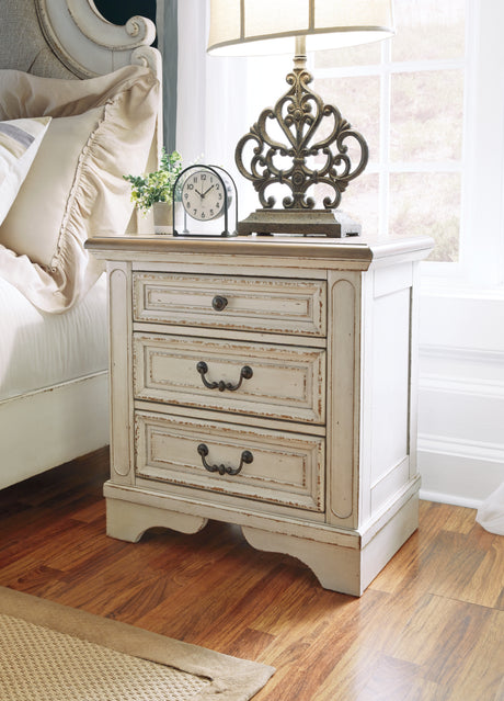 Realyn Chipped White Queen Upholstered Storage Bed, Dresser and Nightstand - Ornate Home