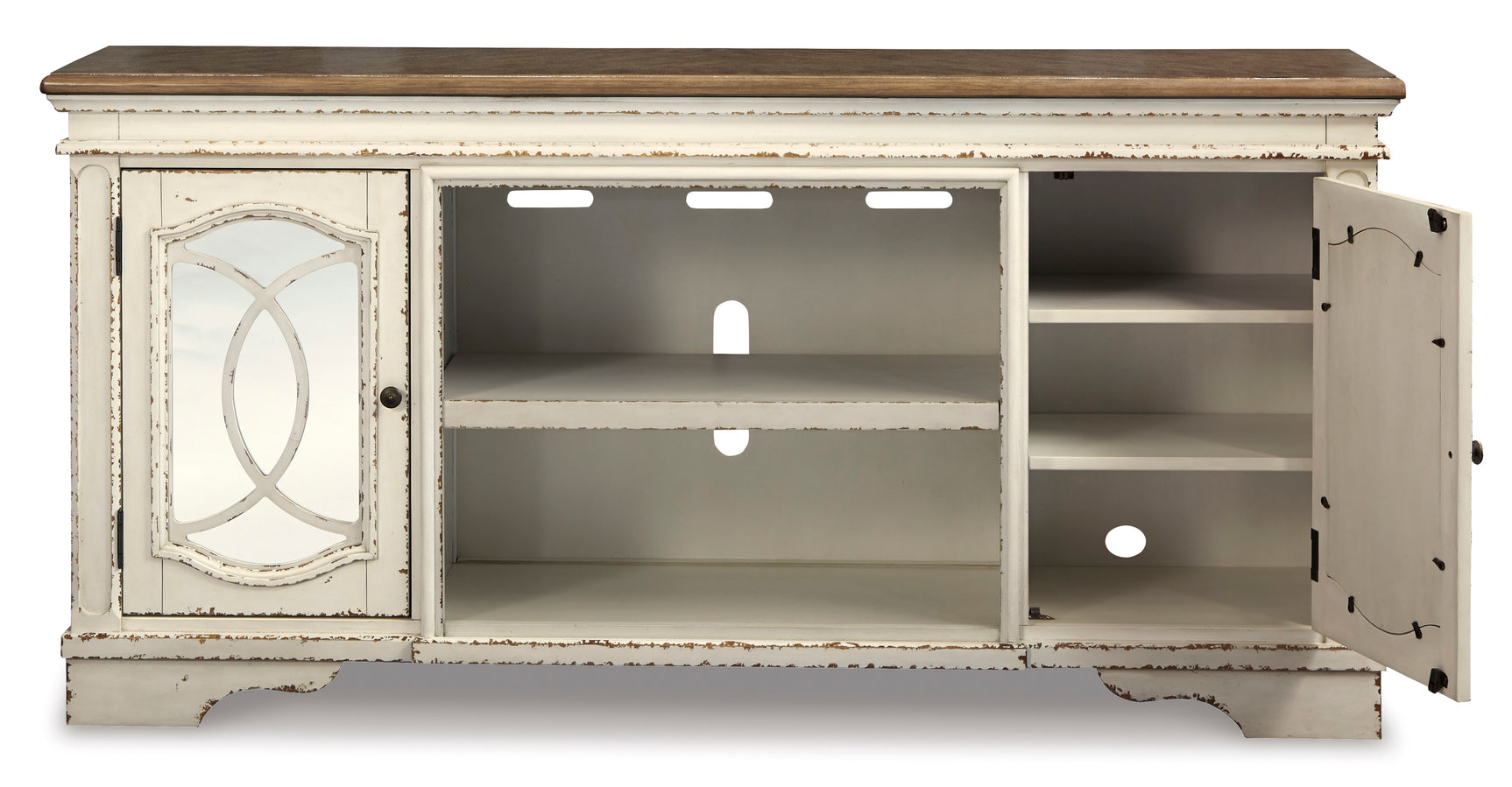 Realyn Chipped White XL 74" TV Stand w/Fireplace Option - Ornate Home