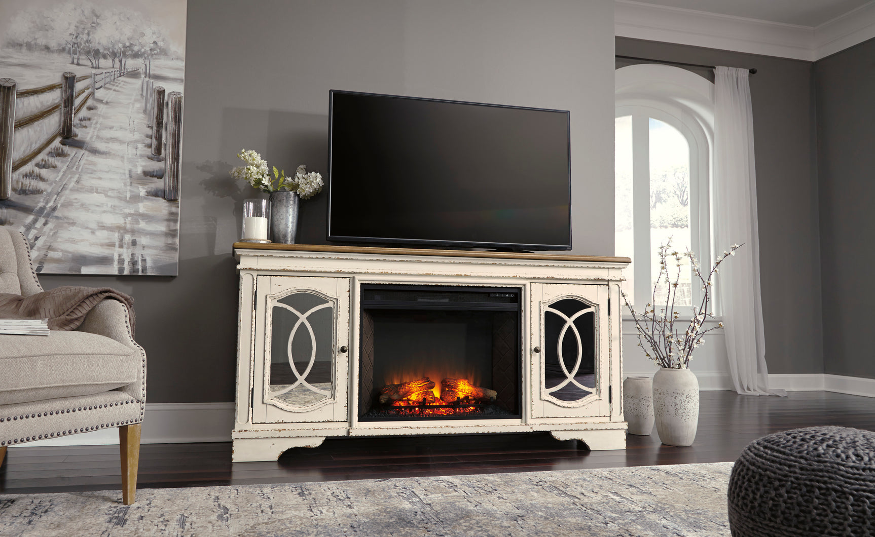 Realyn Chipped White XL 74" TV Stand w/Fireplace Option - Ornate Home