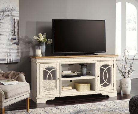 Realyn Chipped White XL 74" TV Stand w/Fireplace Option - Ornate Home