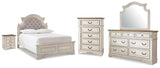 Realyn Two-tone/Chipped White Full Upholstered Panel Bed, Dresser, Mirror, Chest and Nightstand - Ornate Home