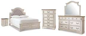 Realyn Two-tone/Chipped White Full Upholstered Panel Bed, Dresser, Mirror, Chest and Nightstand - Ornate Home