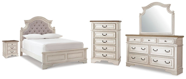 Realyn Two-tone/Chipped White Full Upholstered Panel Bed, Dresser, Mirror, Chest and Nightstand - Ornate Home